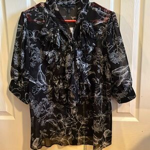 NWT WHBM black blouse with white flower print. Size large. Elbow sleeves.